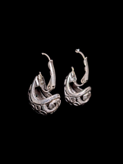 Vintage Floral Filigree Sterling Silver Huggie Earrings