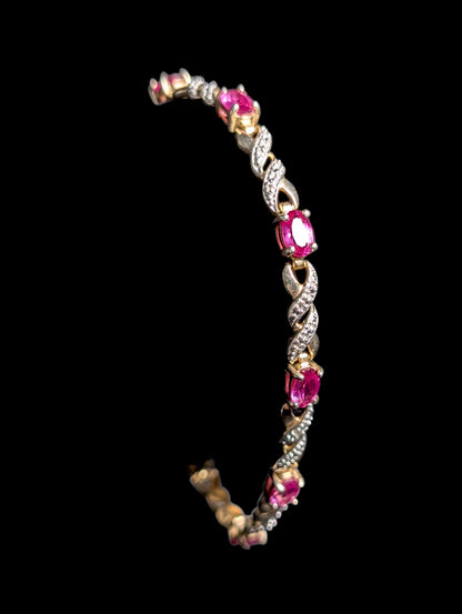 Vintage Oval Cut Genuine Ruby and Diamond Gold over Sterling Tennis Bracelet
