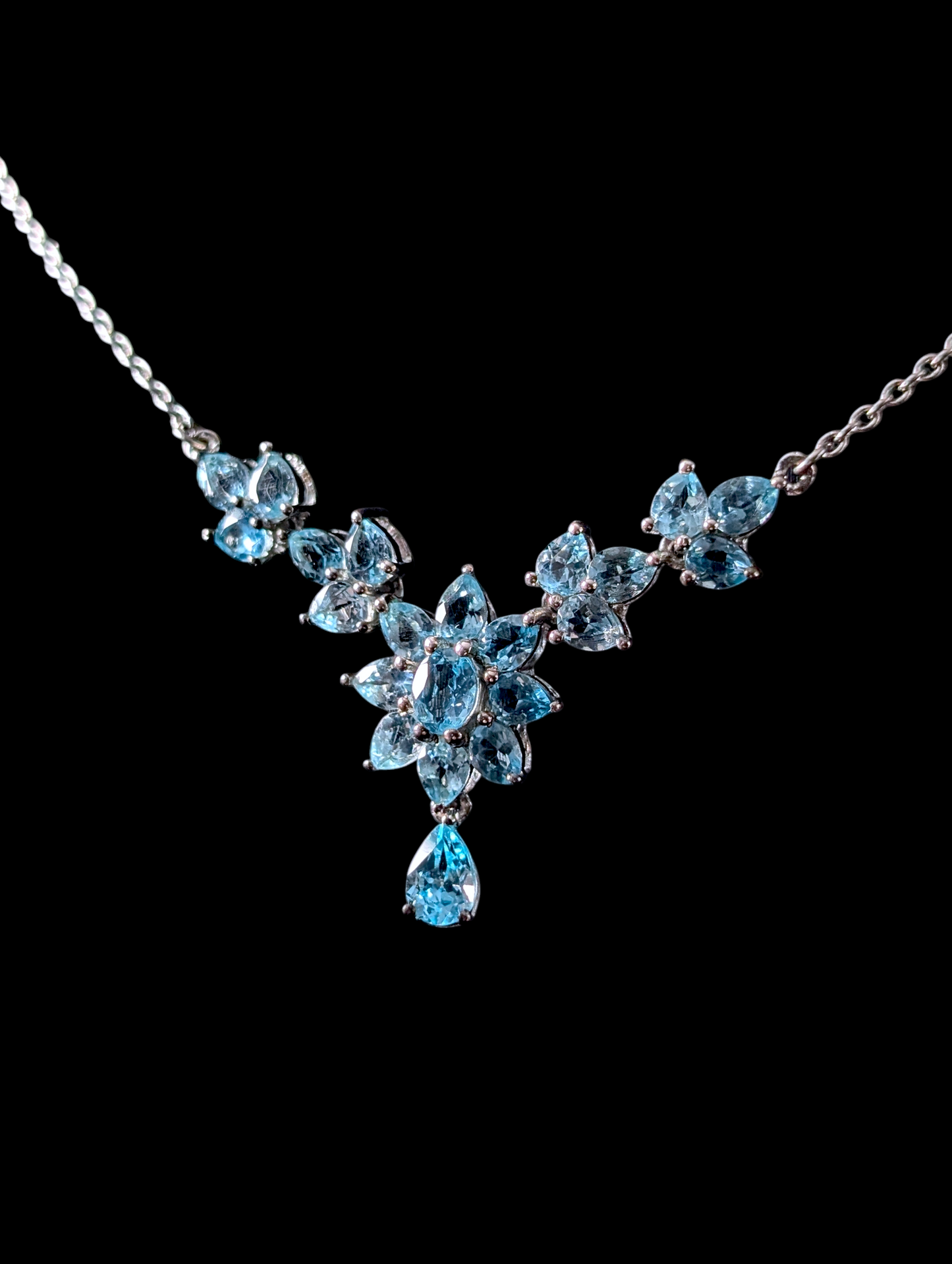 Vintage Inspired Elegant Genuine Blue Apatite Sterling Silver Starburst Dangle Necklace