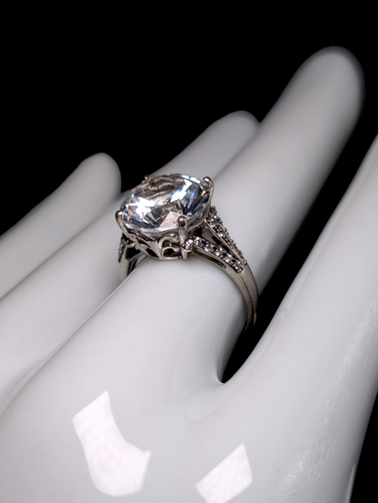 Vintage Large 6+ Carat Brilliant Round Cut Genuine White Sapphire Solitaire and Topaz Accent Sterling Silver Ring