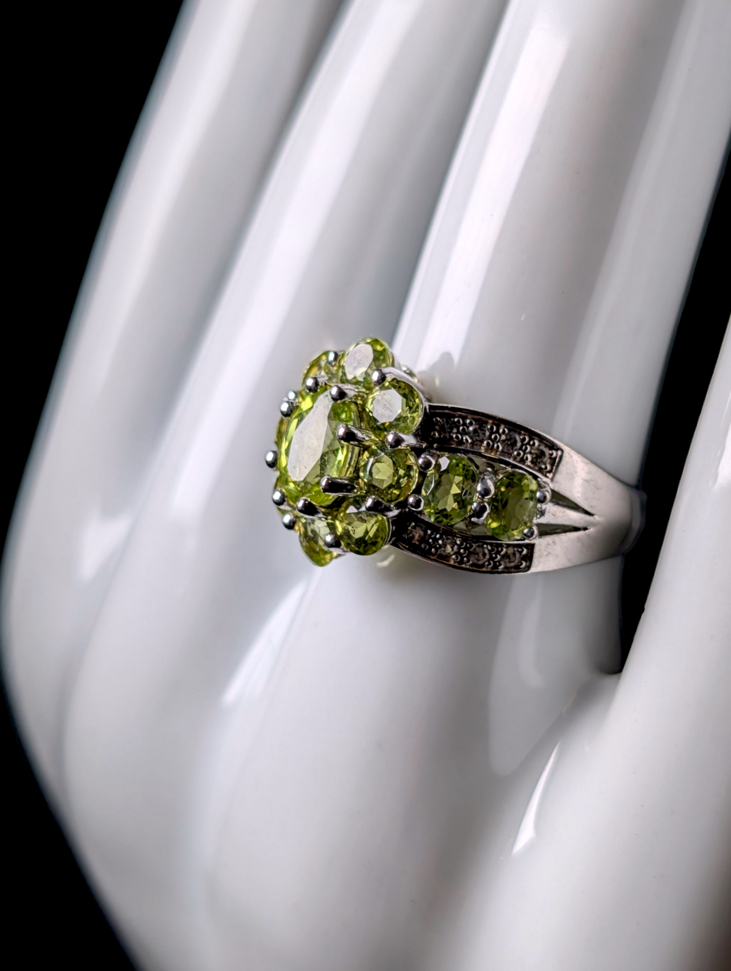 Vintage Cluster Genuine Peridot and White Zircon Sterling Silver Ring