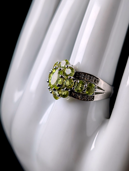 Vintage Cluster Genuine Peridot and White Zircon Sterling Silver Ring