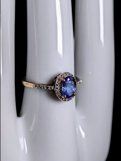 Vintage Genuine Kyanite Solitaire with White Topaz Halo Gold over Sterling Ring