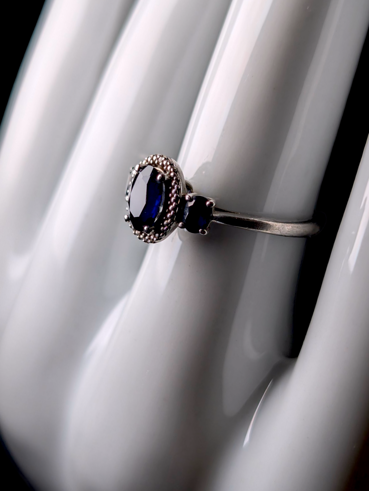 Vintage Tri-Stone Genuine Blue Sapphire and Diamond Accented Halo Sterling Silver Ring