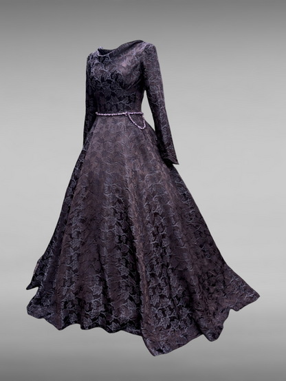 1940s-1950s "The Phoenix" Black Wedding Dress with Damask Silk Embossed Maple Leaves