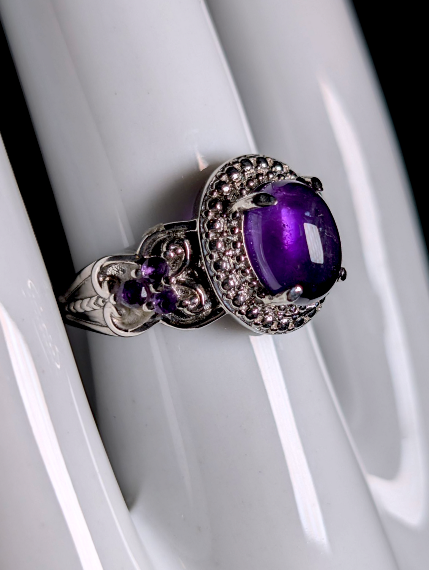 Vintage Cabochon Cut Genuine Amethyst Solitaire Double Halo Stainless Steel Butterfly Ring
