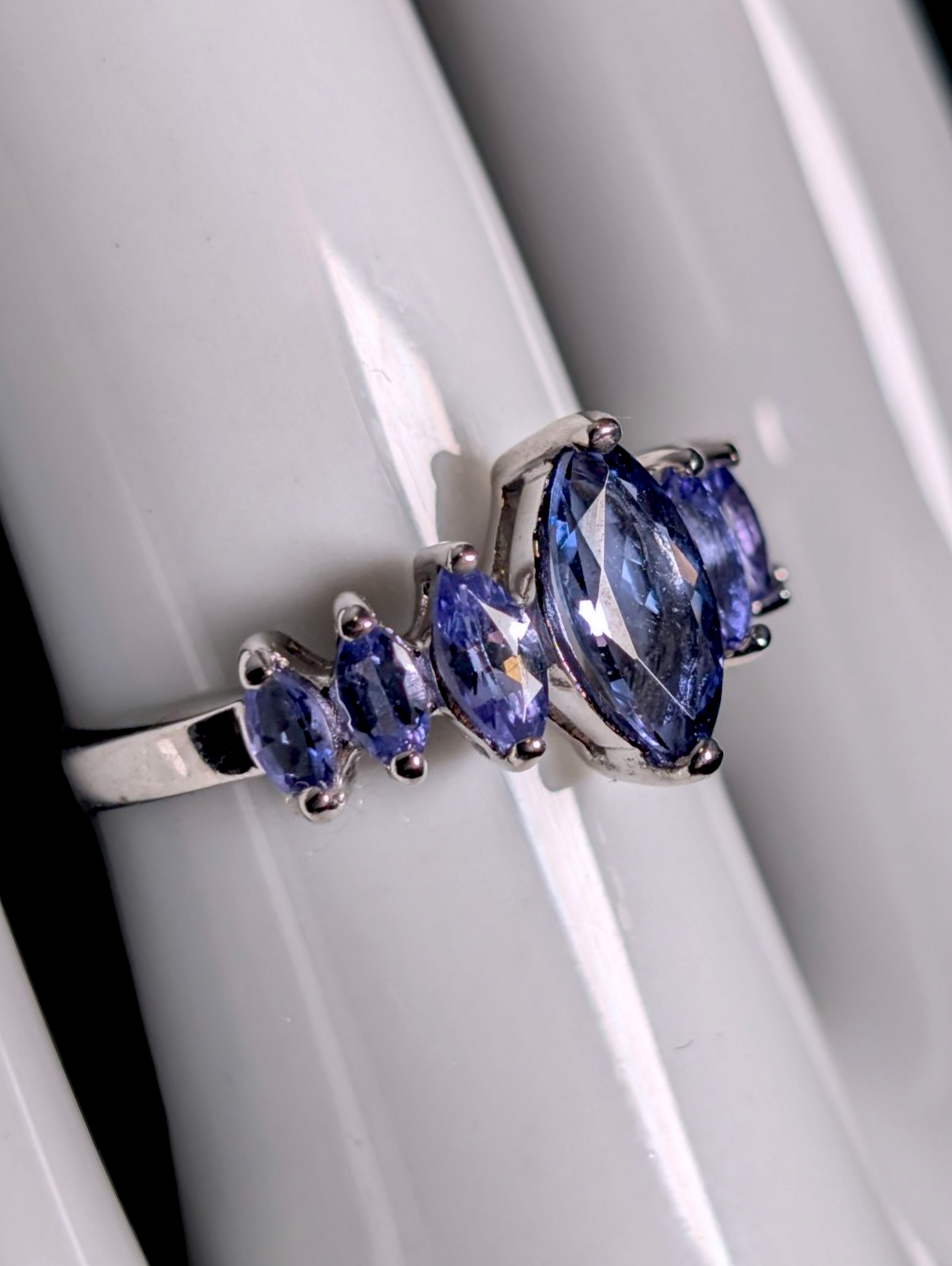 Vintage Marquise Cut Graduating Genuine Tanzanite Sterling Silver Band Ring