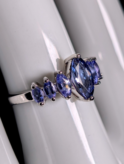 Vintage Marquise Cut Graduating Genuine Tanzanite Sterling Silver Band Ring