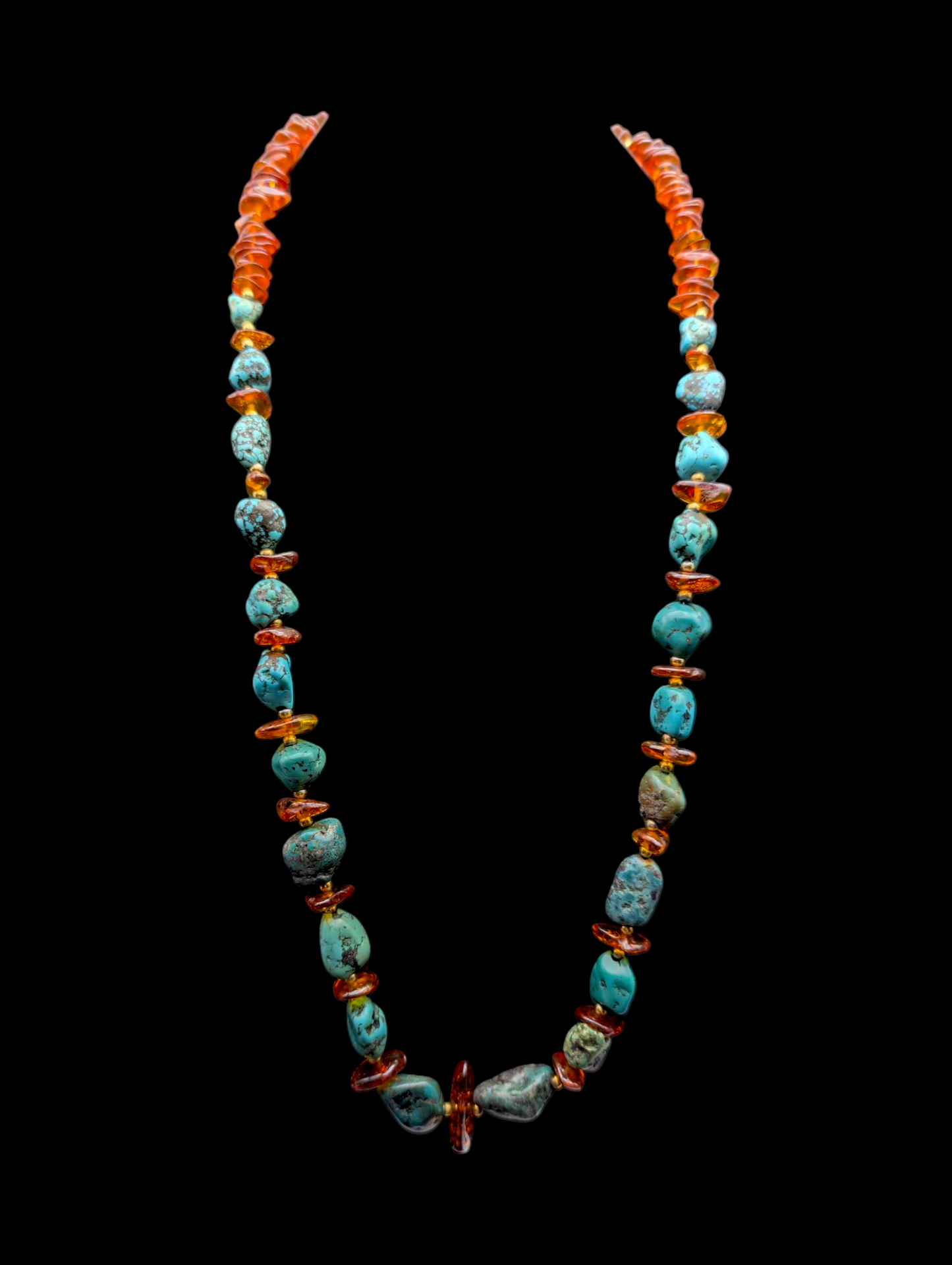 Vintage Genuine Amber and Turquoise with Gold Bead Southwest Style Gemstone Necklace