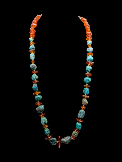 Vintage Genuine Amber and Turquoise with Gold Bead Southwest Style Gemstone Necklace