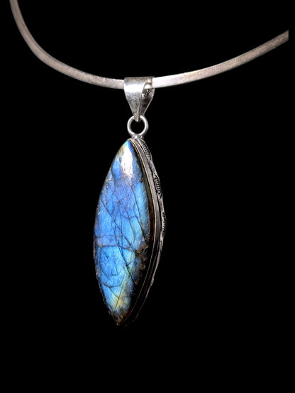 Vintage Large Genuine Blue Fire Labradorite Marquise Solitaire Sterling Silver Pendant