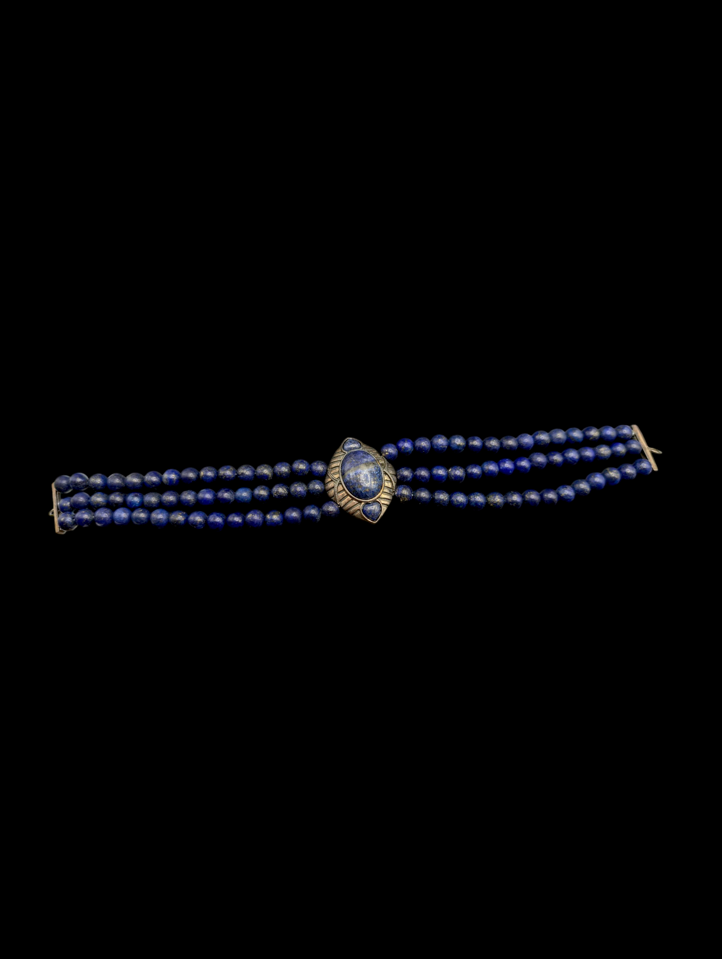 Vintage Genuine Lapis Lazuli Egyptian Inspired Sterling Silver Multi Strand Bracelet
