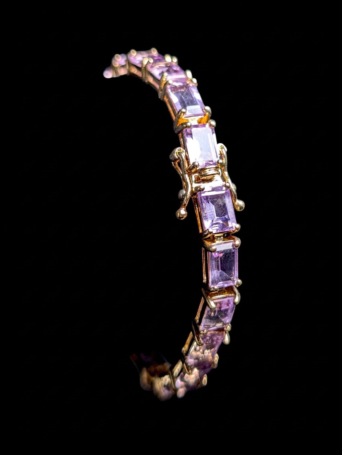 Vintage 22+ Carat Emerald Cut Simulated Purple Amethyst Gold over Sterling Tennis Bracelet