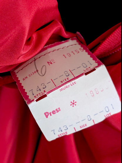 1960s-1970s Vintage Red Dress with White Ruffle Trim Details, One Sleeve, and Full Skirt Holiday Christmas Ball Gown