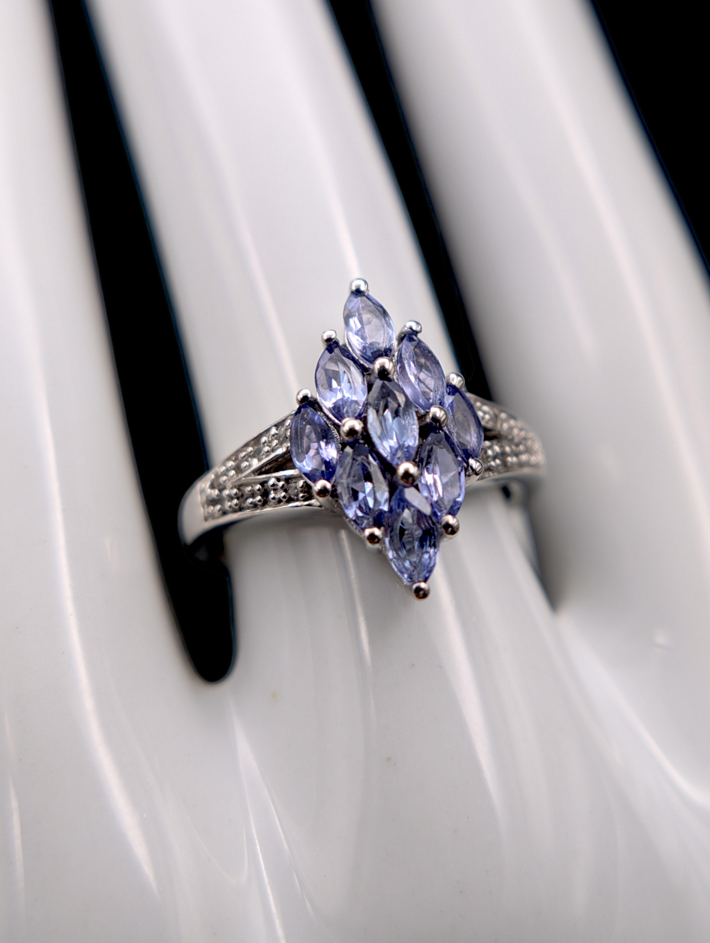 Vintage Cluster Genuine Tanzanite and White Topaz Split Shank Sterling Silver 925 Ring