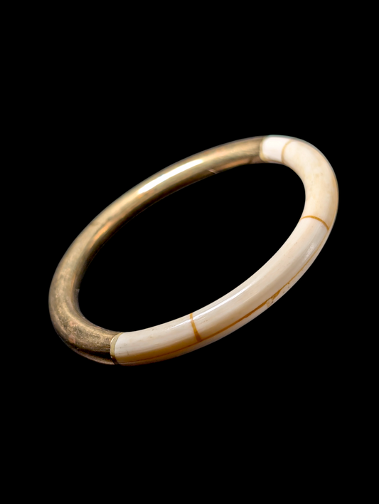 Vintage Ivory Bone and Brass Dainty Mod Bangle Bracelet