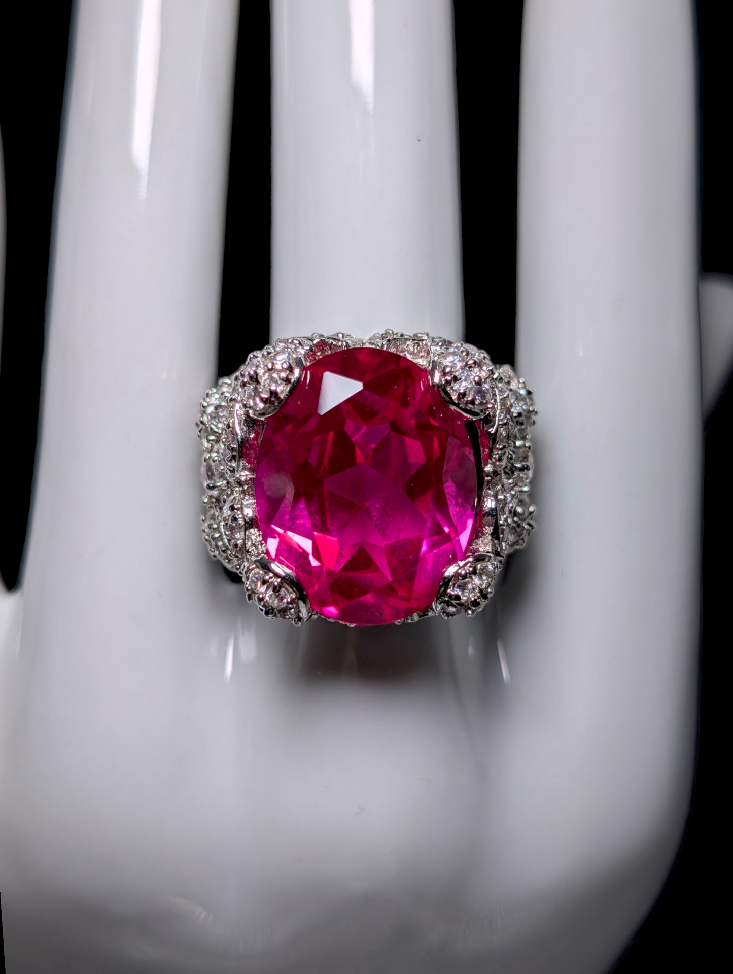 Vintage Georgian Inspired Large Genuine Pink Sapphire and Simulated Diamond Statement Cocktail Sterling Silver Ring