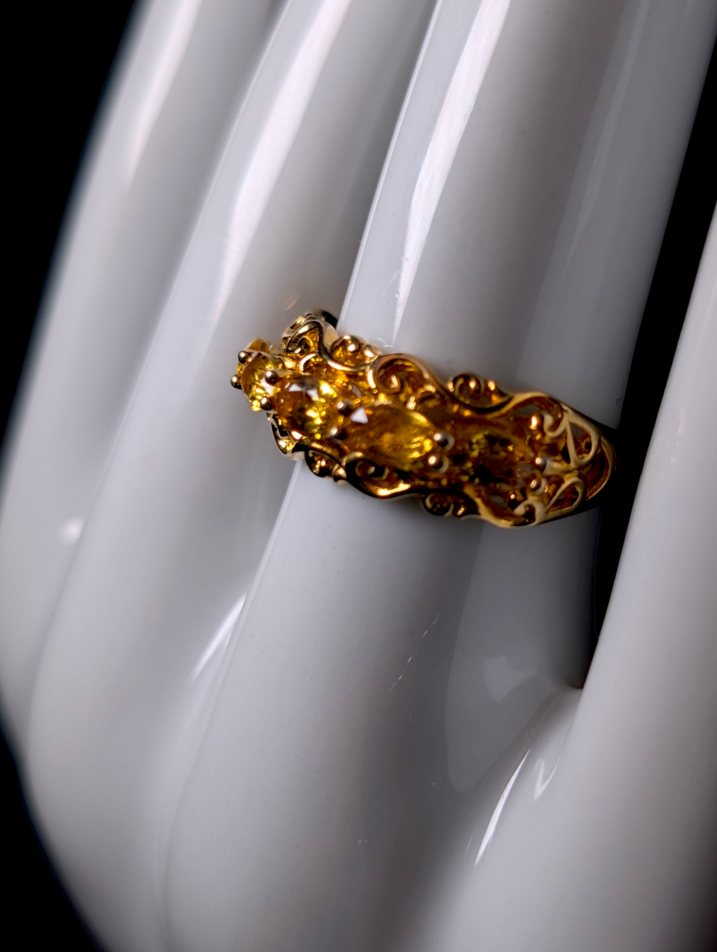 Vintage East West Oval Cut Genuine Yellow Sapphire 18k Yellow Gold Vermeil Filigree Ring
