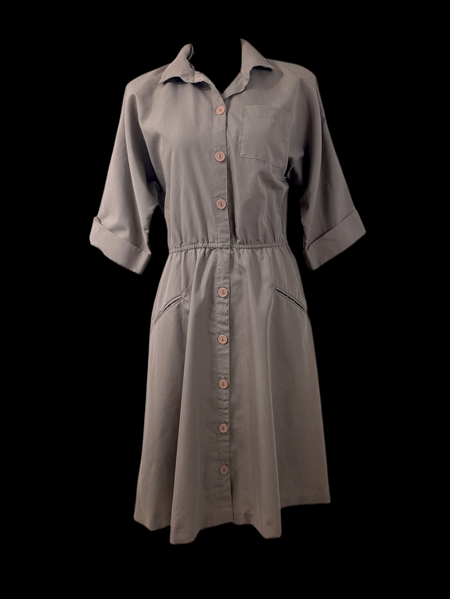 1980s Vintage Batwing Sandalwood Brown House Dress with Peach Acrylic Button Down, Elastic Waist and Cuffed Sleeves