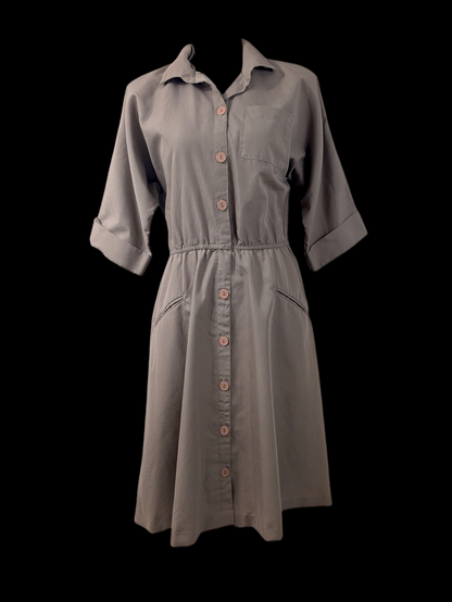 1980s Vintage Batwing Sandalwood Brown House Dress with Peach Acrylic Button Down, Elastic Waist and Cuffed Sleeves