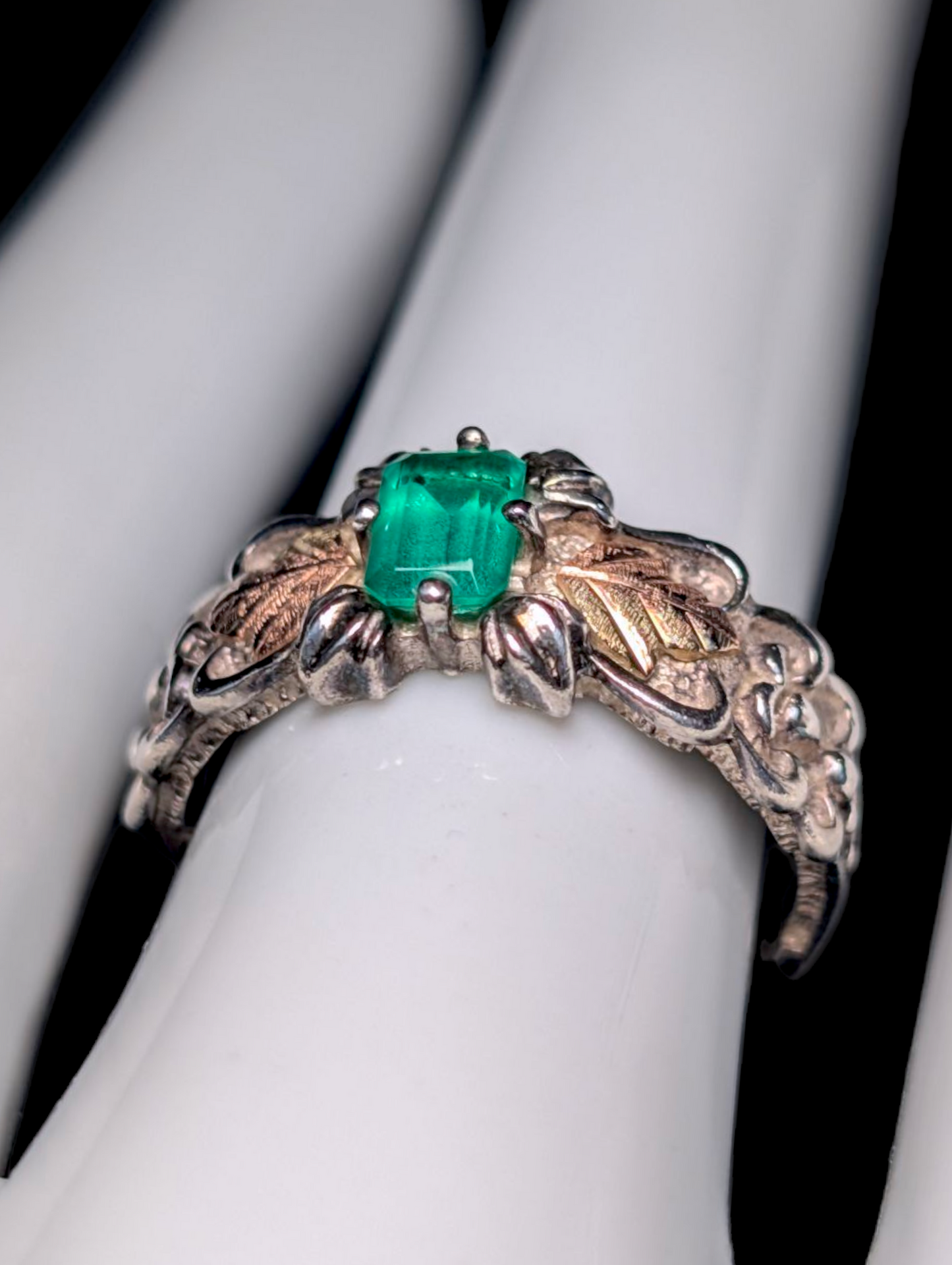 Vintage Black Hills Gold Emerald Cut Genuine Helenite 12K Gold and Sterling Silver Ring