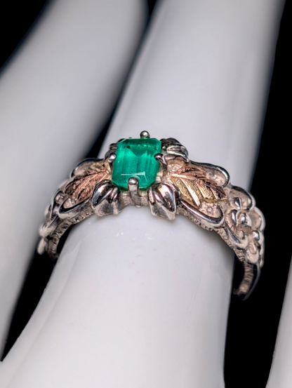 Vintage Black Hills Gold Emerald Cut Genuine Helenite 12K Gold and Sterling Silver Ring