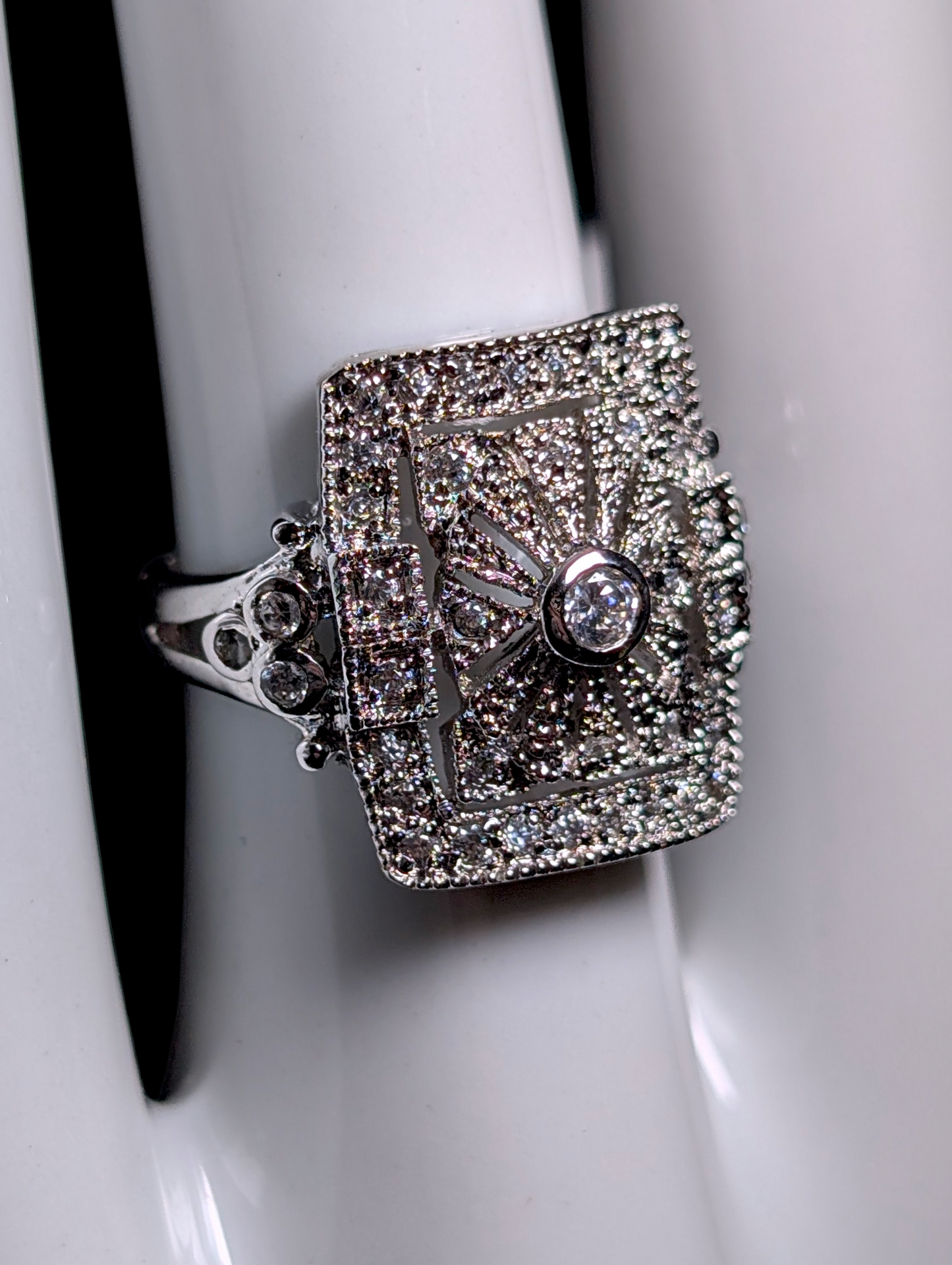Vintage Art Deco Inspired Dazzling Simulated Diamond Sterling Silver Statement Ring