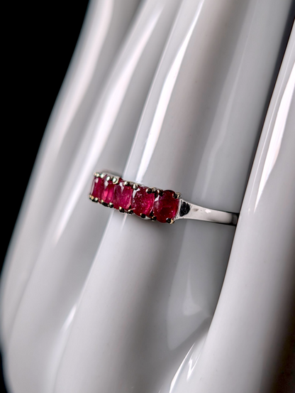 Vintage Half Eternity Oval Cut Earth Mined Genuine Ruby Sterling Silver Band Ring