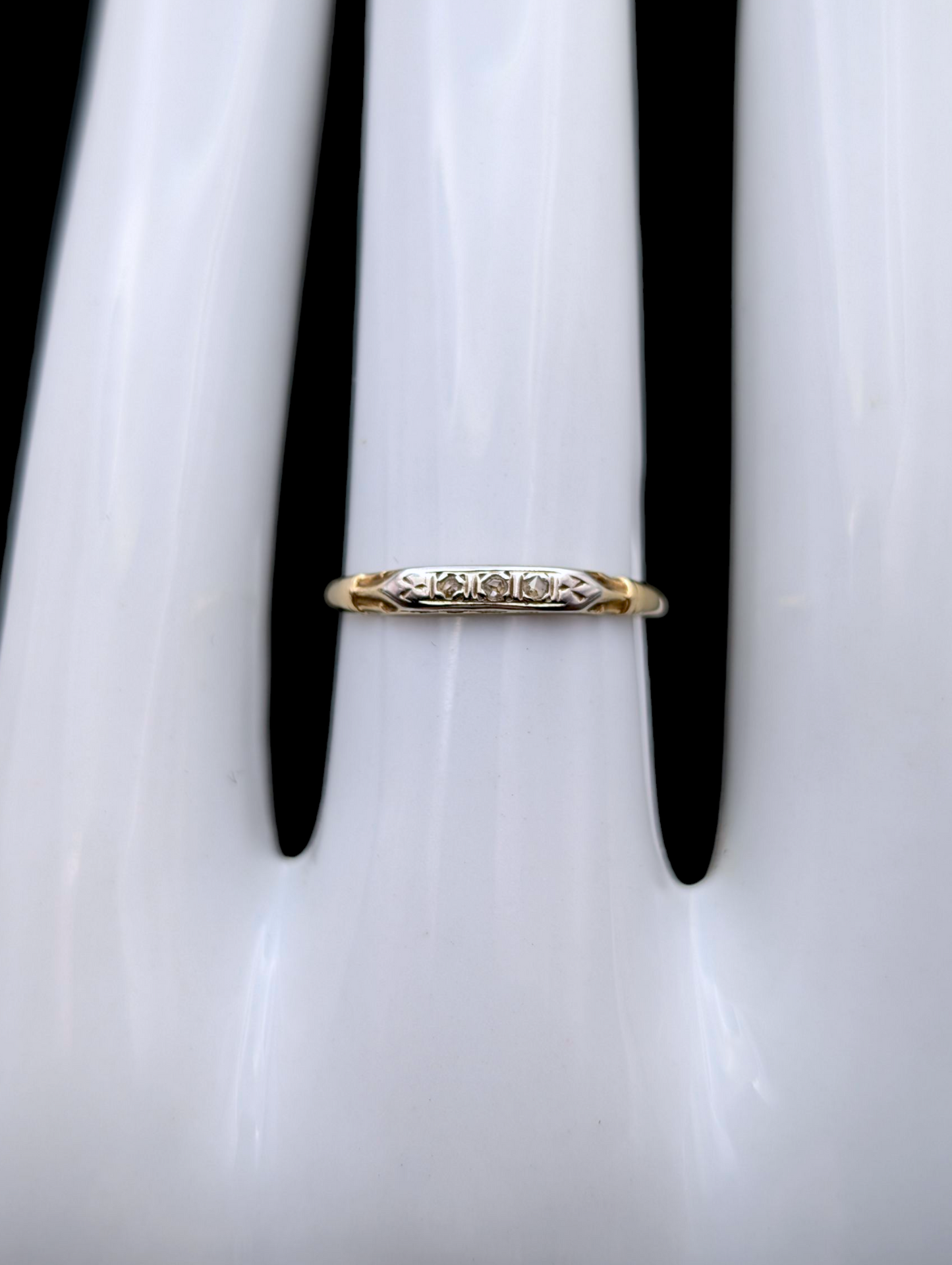 Antique Dainty Solid 14k Gold and Platinum Earth Mined Genuine Diamond Trilogy Wedding Band Ring