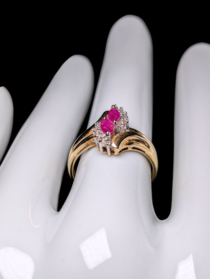 Vintage 12k Gold Twin Marquise Cut Genuine Earth Mined Ruby and Diamond Halo Ring