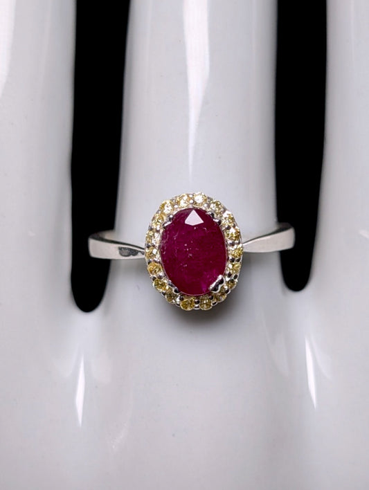 Vintage Oval Cut Genuine Ruby Solitaire with Simulated Yellow Diamond Halo Sterling Ring
