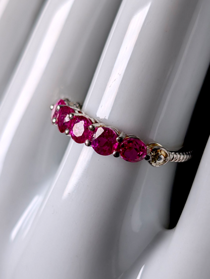 Vintage Round Cut Five Stone Genuine Hot Pink Sapphire Sterling Silver Stackable Ring Band