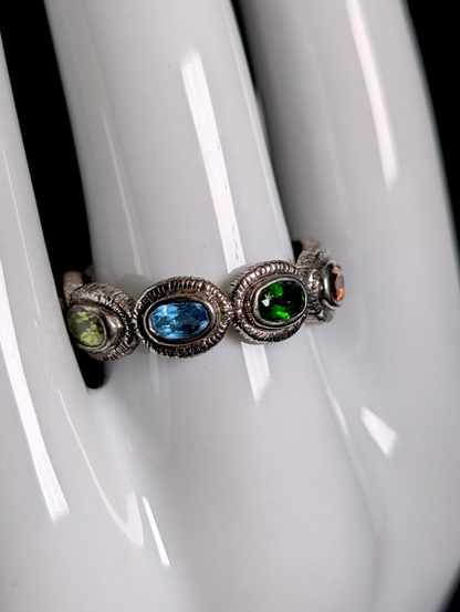 Vintage Multi-Gemstone Oval Cut Genuine Peridot, Garnet, Amethyst, Citrine, Topaz, Tanzanite Sterling Silver Band Ring