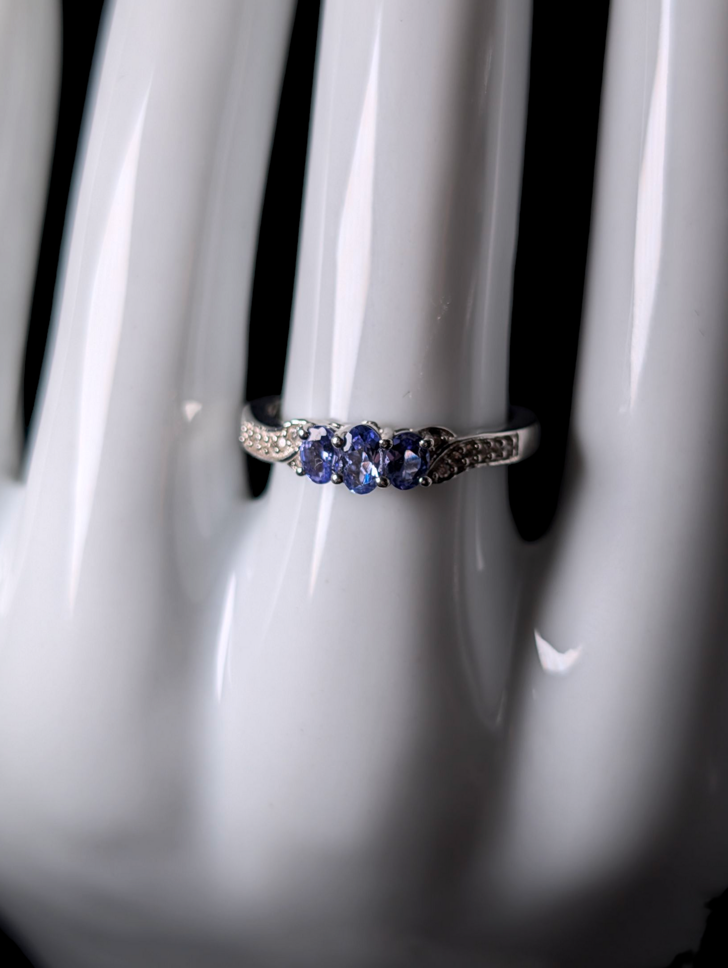 Vintage Dainty Three Stone Earth Mined Genuine Tanzanite and White Topaz Sterling Silver Ring