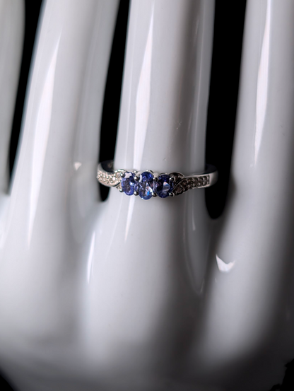 Vintage Dainty Three Stone Earth Mined Genuine Tanzanite and White Topaz Sterling Silver Ring
