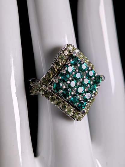 Vintage Dazzling Diamond Cluster Genuine Emerald with Peridot Halo Sterling Silver Statement Ring