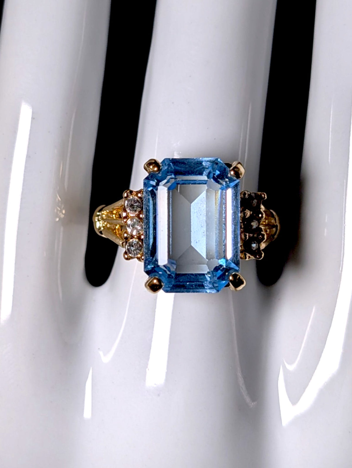 Vintage Radiant Cut Simulated Blue Topaz Solitaire Gold Toned Statement Ring
