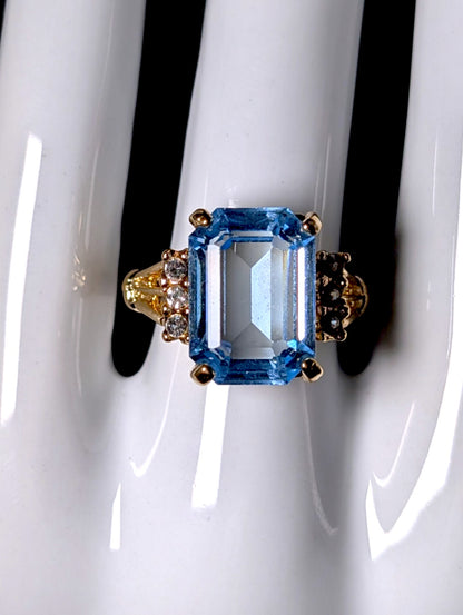 Vintage Radiant Cut Simulated Blue Topaz Solitaire Gold Toned Statement Ring