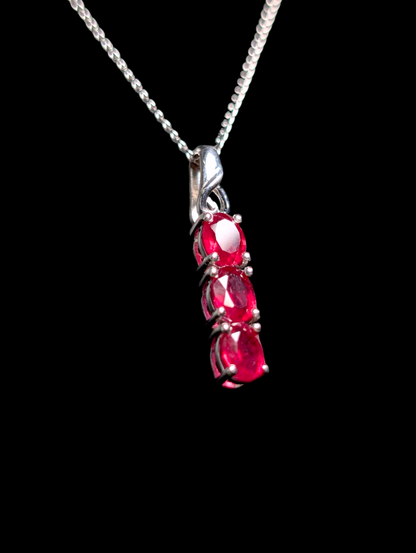 Vintage Oval Cut Three Stone Genuine Ruby Sterling Silver Dangle Pendant