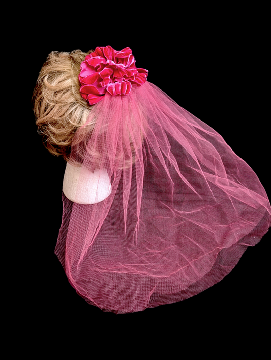 1950s - 1960s "Blossom" Vibrant Pink Floral Comb Clip Headpiece with Veil