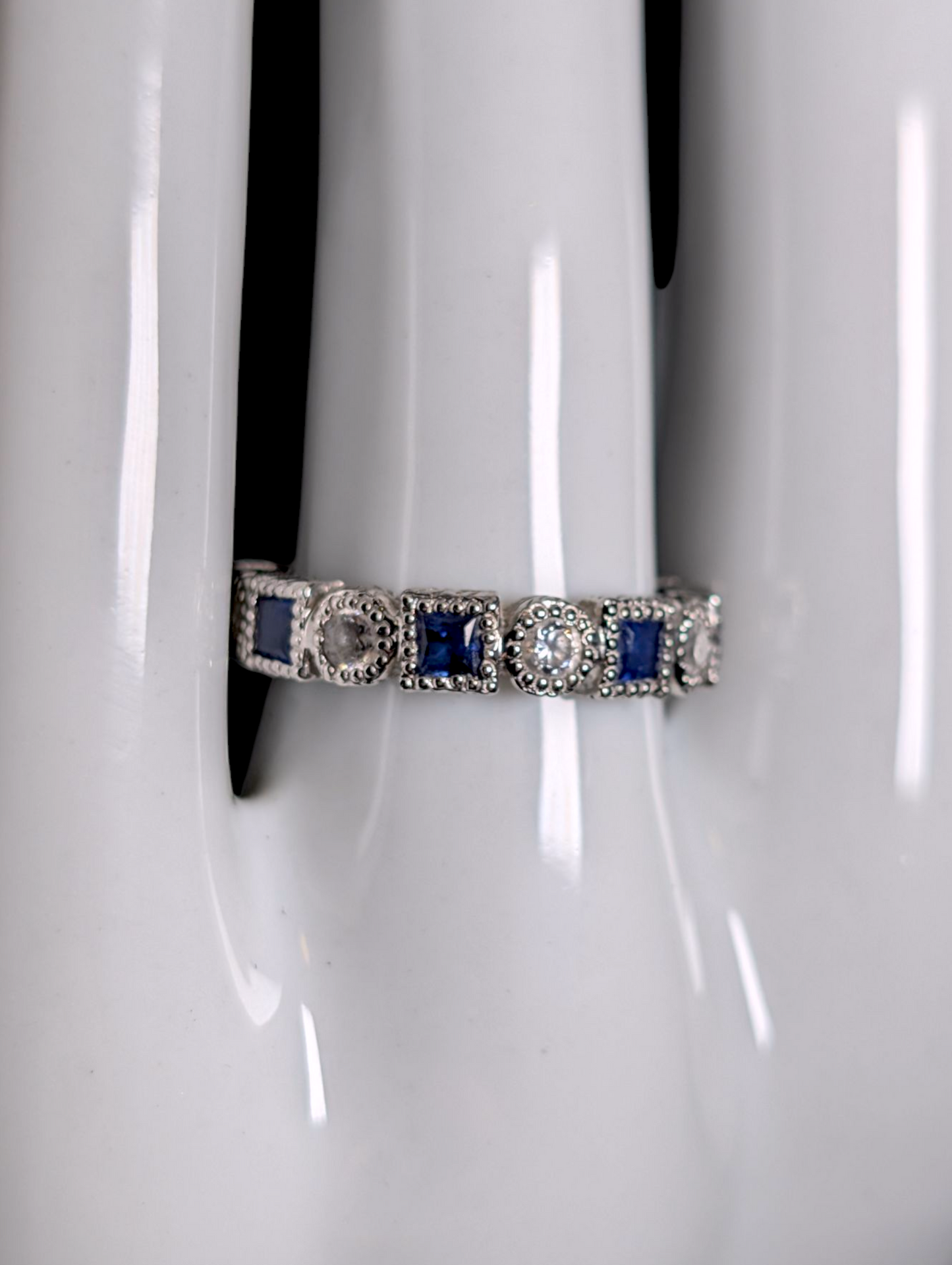 Vintage Alternating Genuine Blue Sapphire and Simulated Diamond Sterling Silver Band Ring