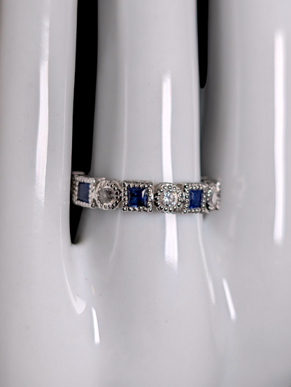 Vintage Alternating Genuine Blue Sapphire and Simulated Diamond Sterling Silver Band Ring