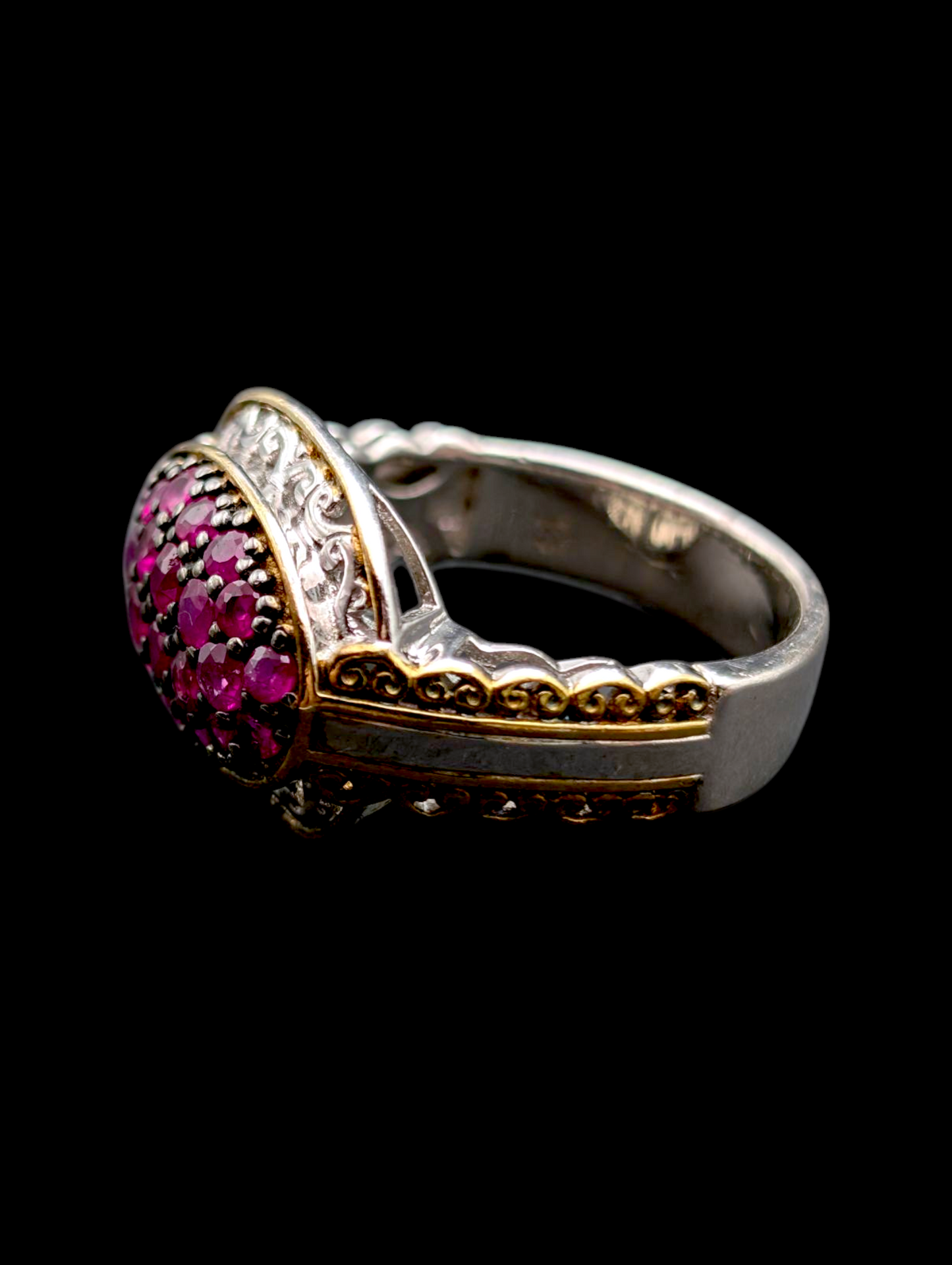 Vintage Inspired Gems En Vogue 18k Gold Filigree Palladium Silver Earth Mined Genuine Ruby East West Cluster Black Prong Sterling Ring