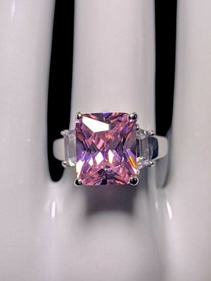 Vintage Inspired Rectangular Princess Cut Simulated Pink Sapphire Solitaire with Simulated Diamond Accents Silver Toned Ring