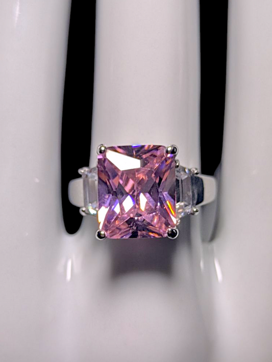 Vintage Inspired Rectangular Princess Cut Simulated Pink Sapphire Solitaire with Simulated Diamond Accents Silver Toned Ring
