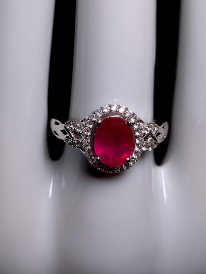 Vintage Oval Cut Genuine Ruby Solitaire with White Topaz Halo Sterling Silver Ring