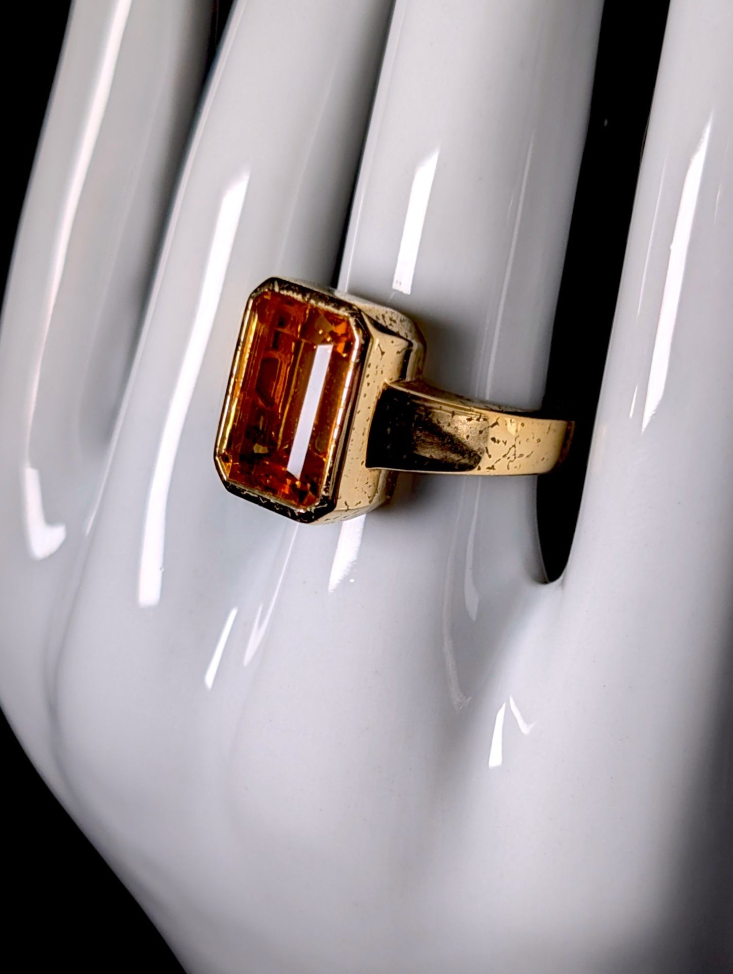 Vintage Emerald Cut Genuine Citrine Solitaire Rustic Gold over Sterling Bezel Ring
