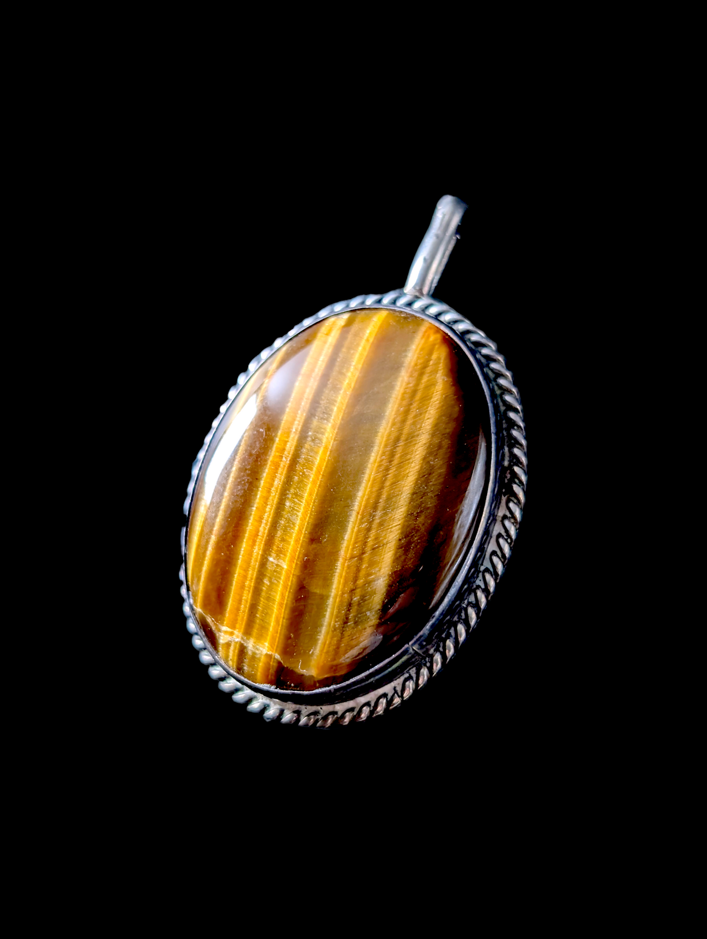 Vintage Charles Willie Navajo Large Oval Cut Genuine Tiger's Eye Solitaire Sterling Silver Twisted Rope Edge Pendant