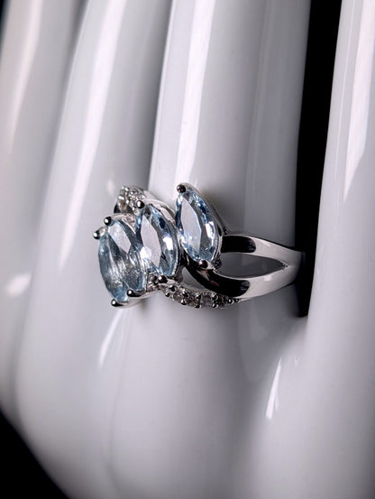 Vintage Marquise Cut Genuine Aquamarine with White Topaz Accents Sterling Silver Ring
