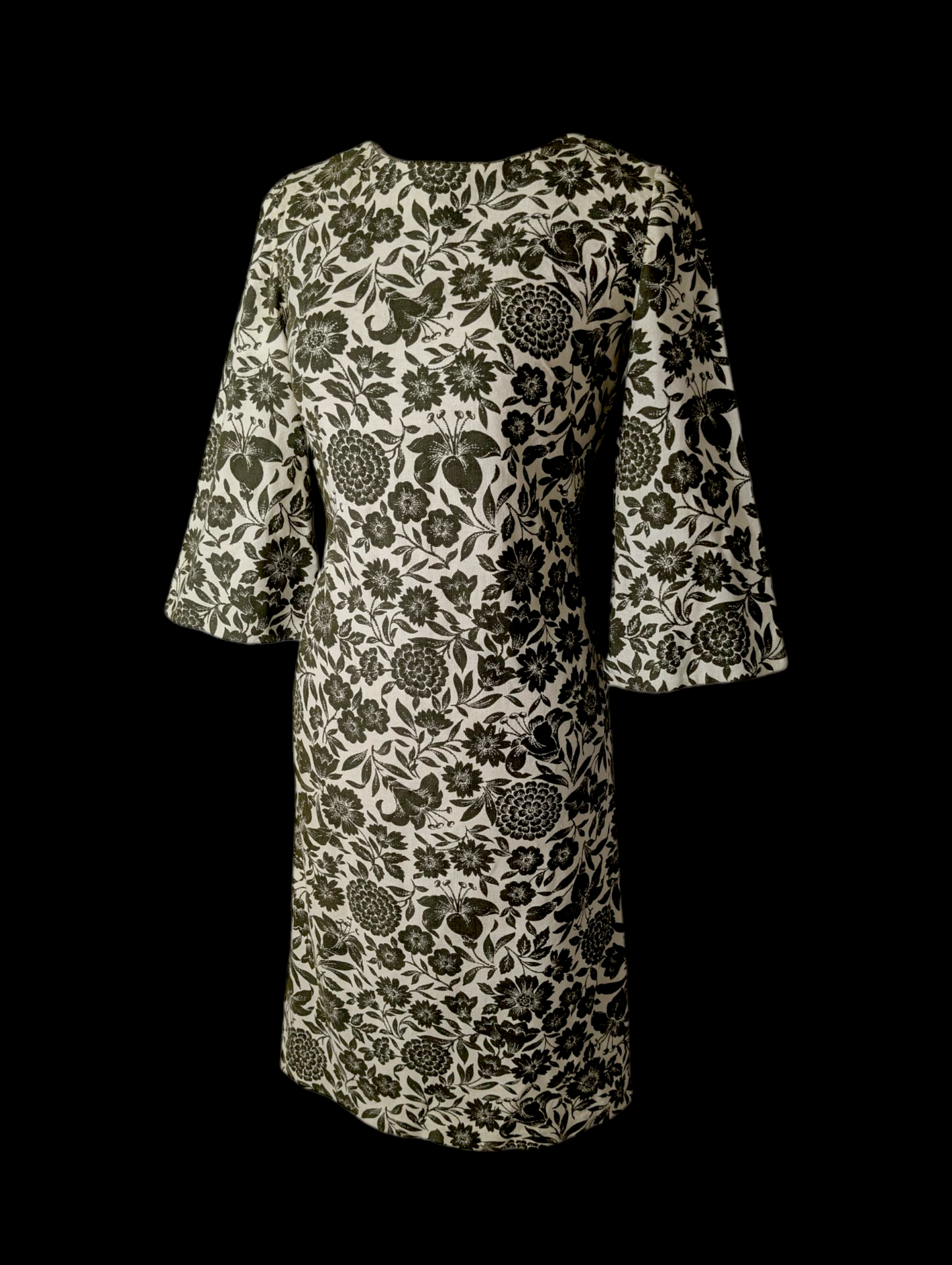 1960s Vintage Mod Green and Cream Boat Neck, 3/4 Bell Sleeve, in Broadcloth Handmade Dress